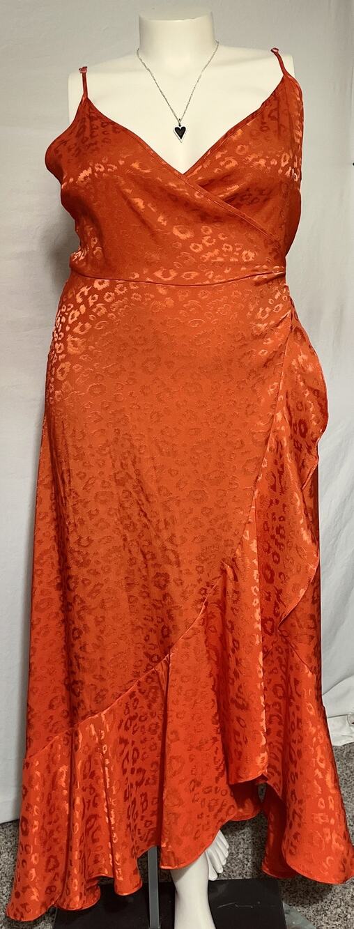 Whitney Morgan Satin Leopard Wrap Dress Plus 1X Red Orange Bust 21.5" Flat